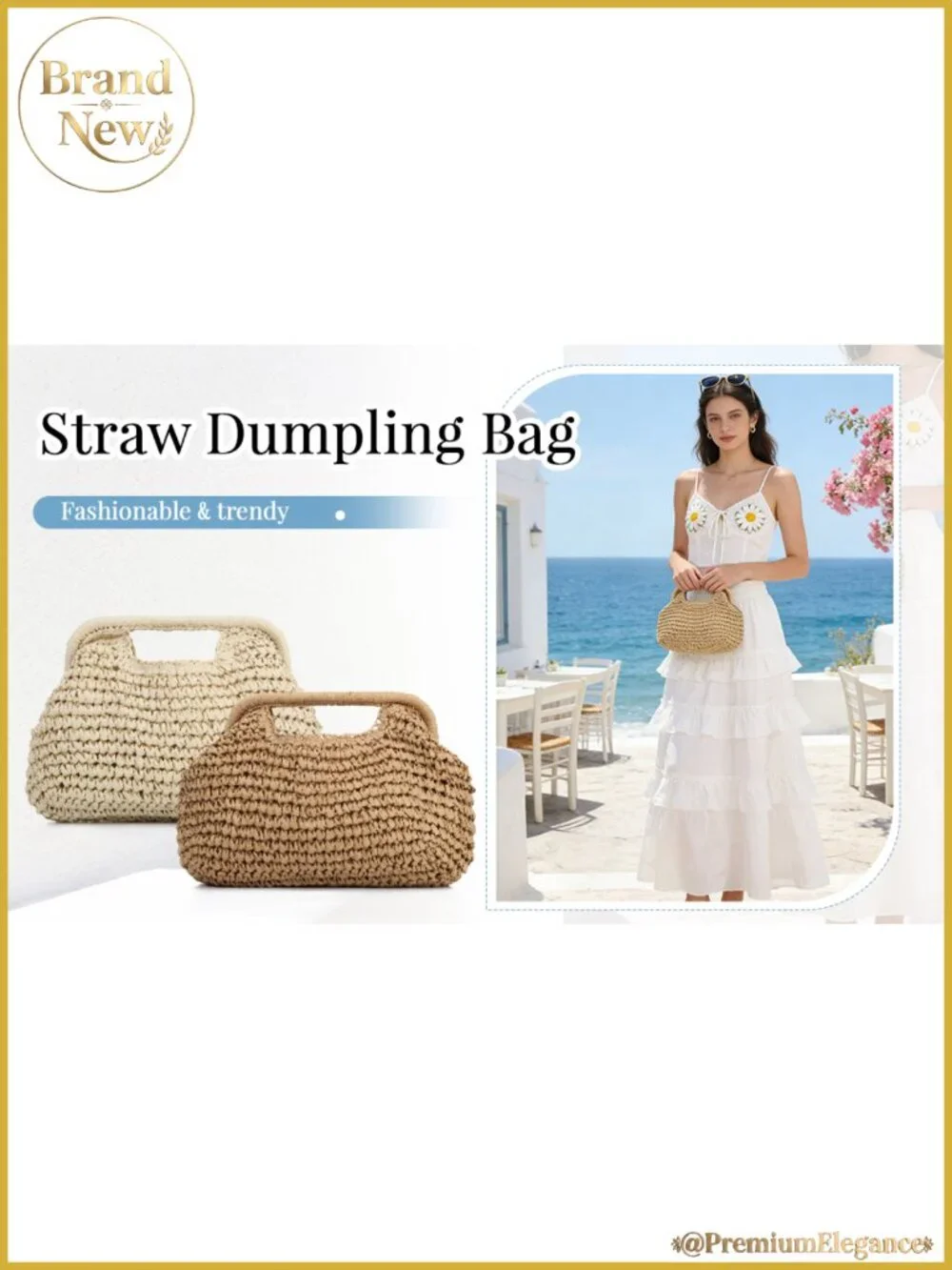Woven Straw Dumpling Clutch Bag, Detachable Chain, Summer Beach Vacation Handbag